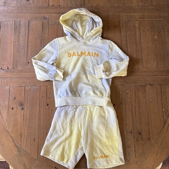 Balmain Ombré Logo Kids Hoodie And Shorts Set Size 6a Yellow Unisex Tie Dye - Picture 1 of 12